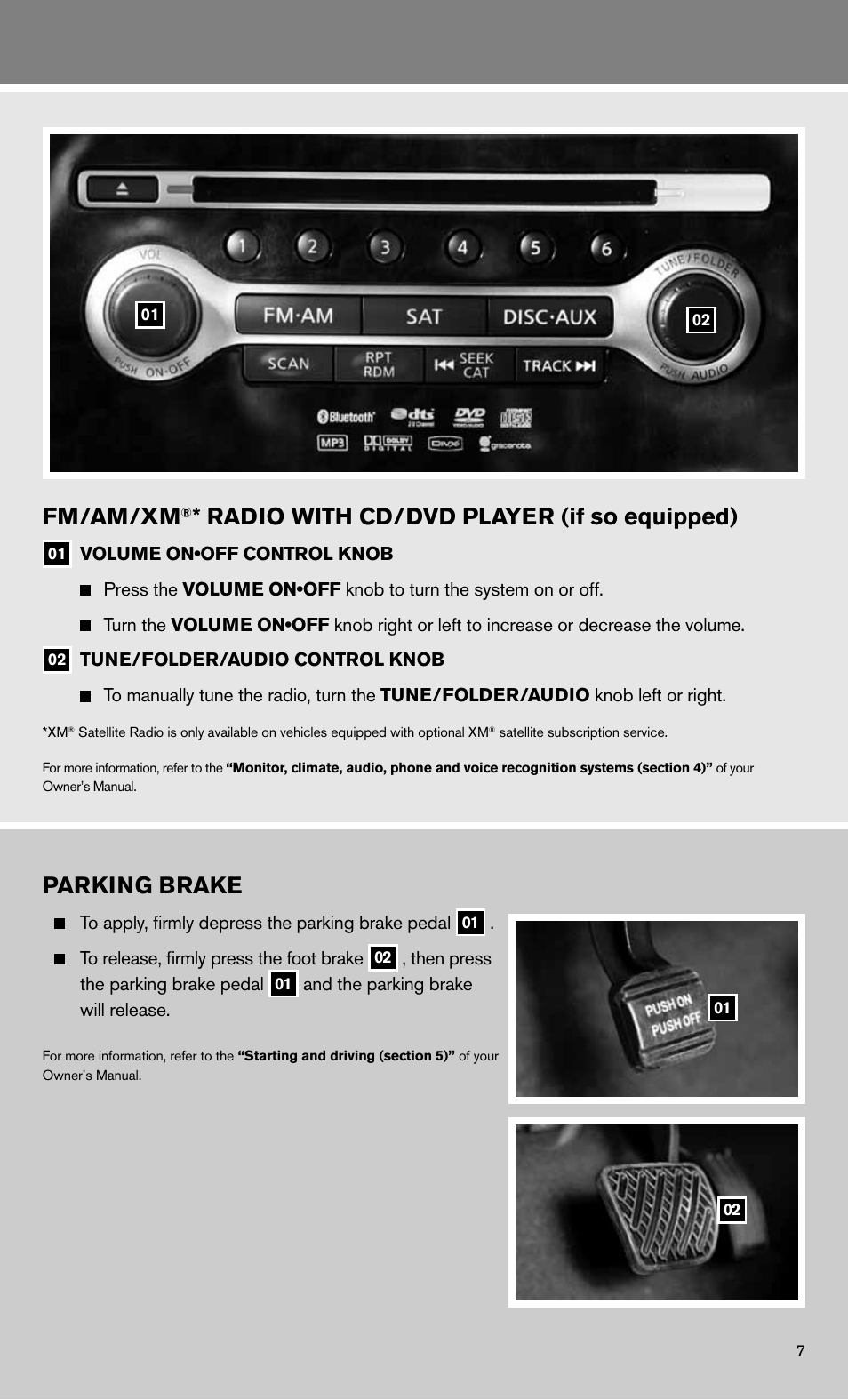 Fm/am/xm, Radio with cd/dvd player (if so equipped), Parking brake | NISSAN 2011 Maxima - Quick Reference Guide User Manual | Page 9 / 16