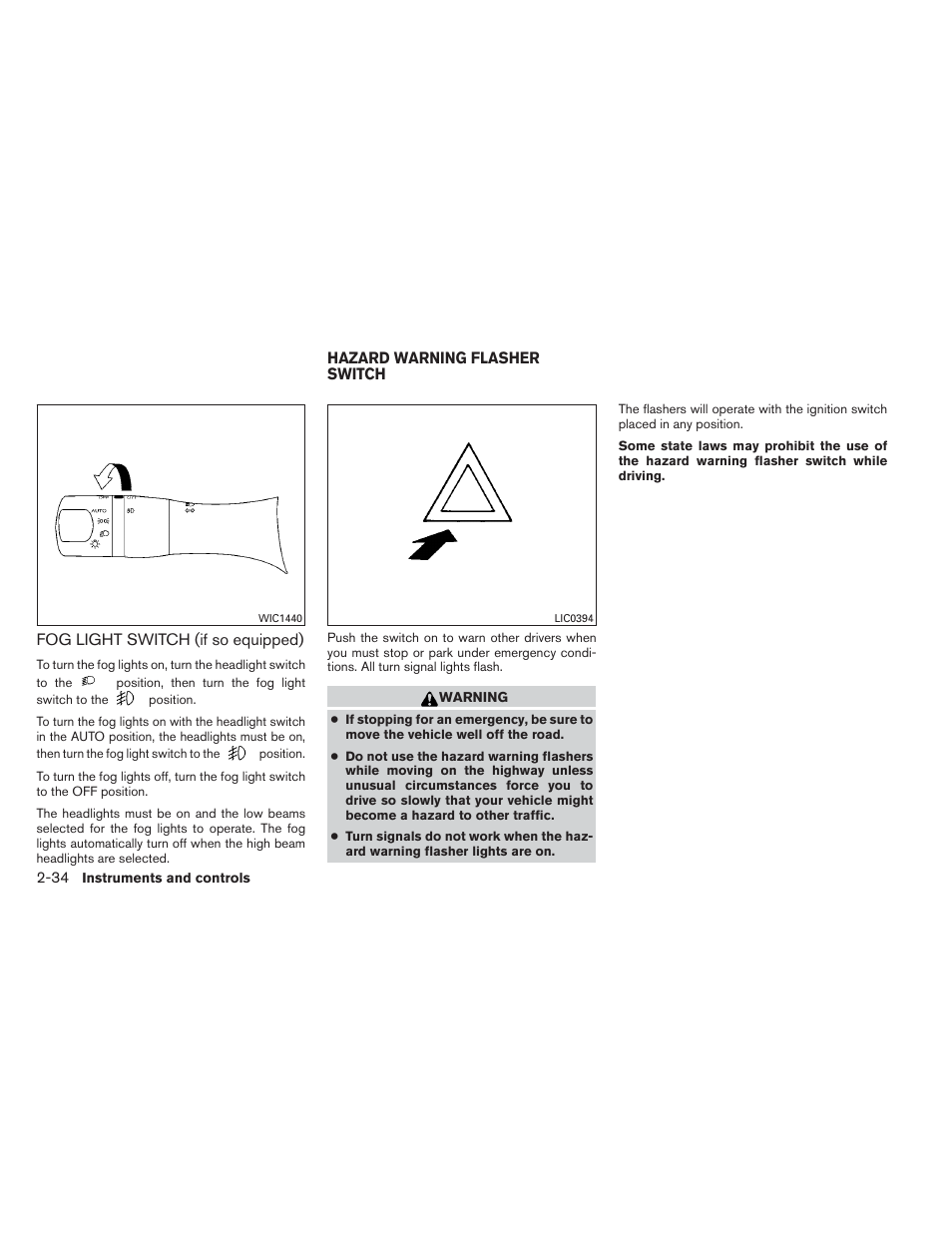 Fog light switch (if so equipped) -34, Hazard warning flasher switch -34 | NISSAN 2012 Maxima - Owner's Manual User Manual | Page 105 / 450