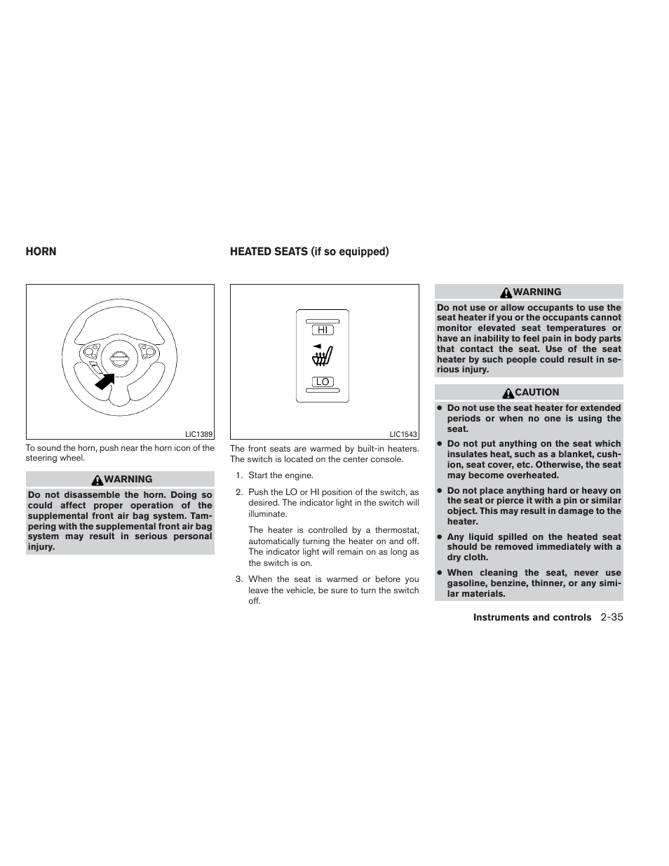 Horn -35 heated seats (if so equipped) -35 | NISSAN 2012 Maxima - Owner's Manual User Manual | Page 106 / 450