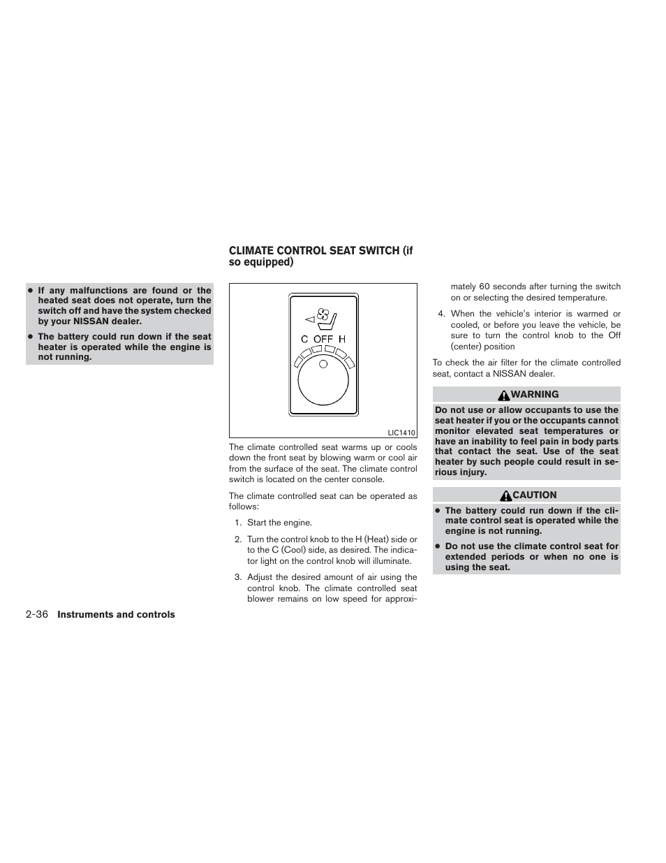 Climate control seat switch (if so equipped) -36 | NISSAN 2012 Maxima - Owner's Manual User Manual | Page 107 / 450