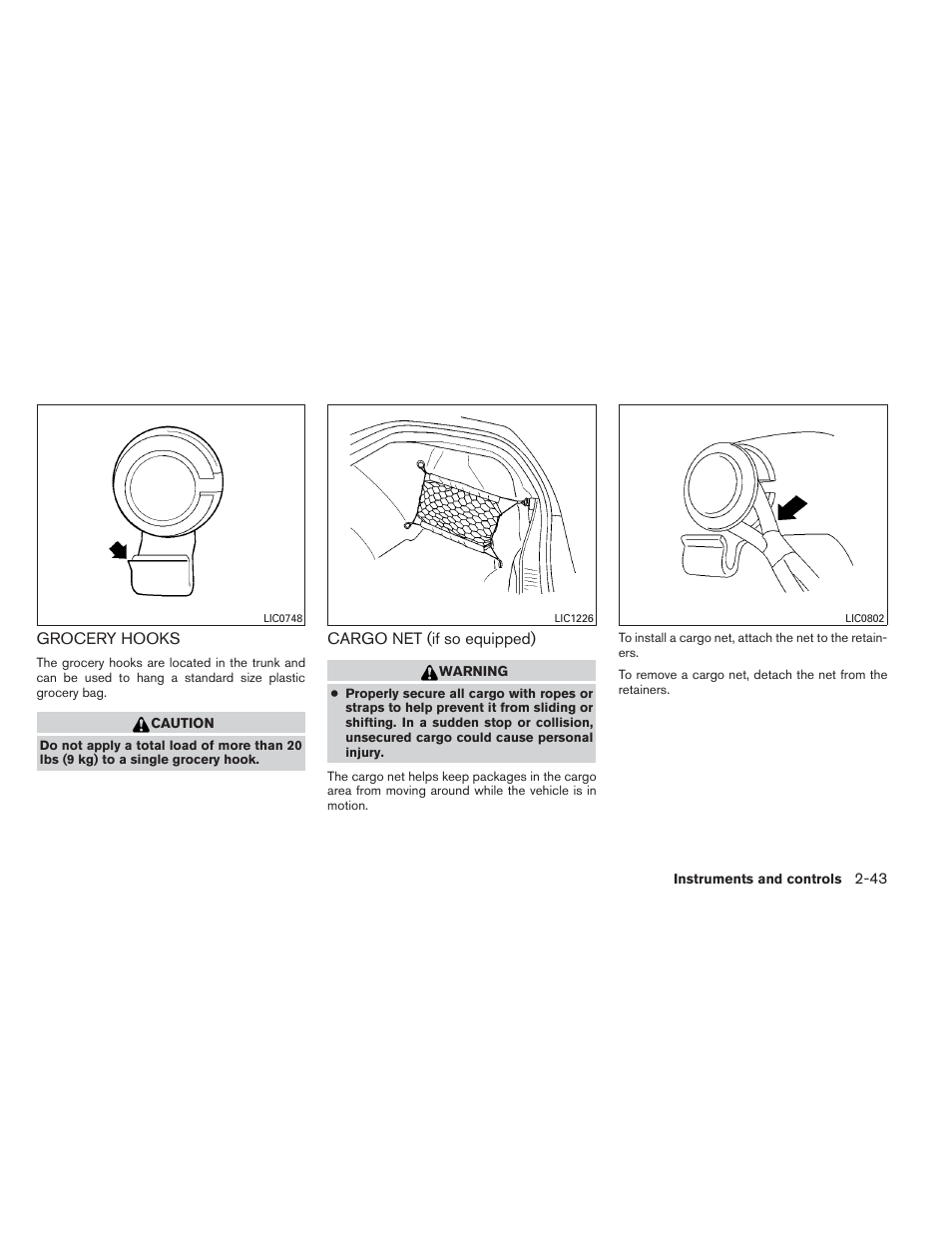 Grocery hooks -43 cargo net (if so equipped) -43 | NISSAN 2012 Maxima - Owner's Manual User Manual | Page 114 / 450