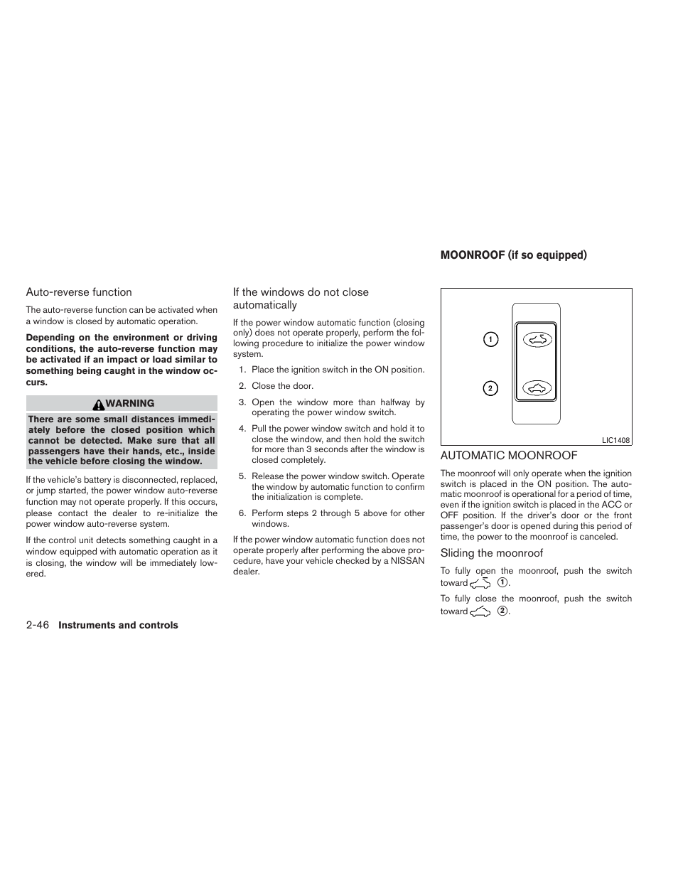 Moonroof (if so equipped) -46, Automatic moonroof -46 | NISSAN 2012 Maxima - Owner's Manual User Manual | Page 117 / 450