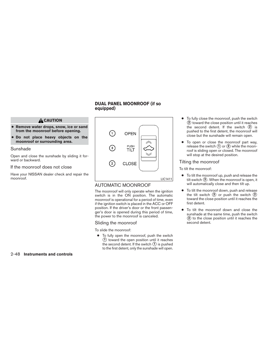 Dual panel moonroof (if so equipped) -48, Automatic moonroof -48 | NISSAN 2012 Maxima - Owner's Manual User Manual | Page 119 / 450