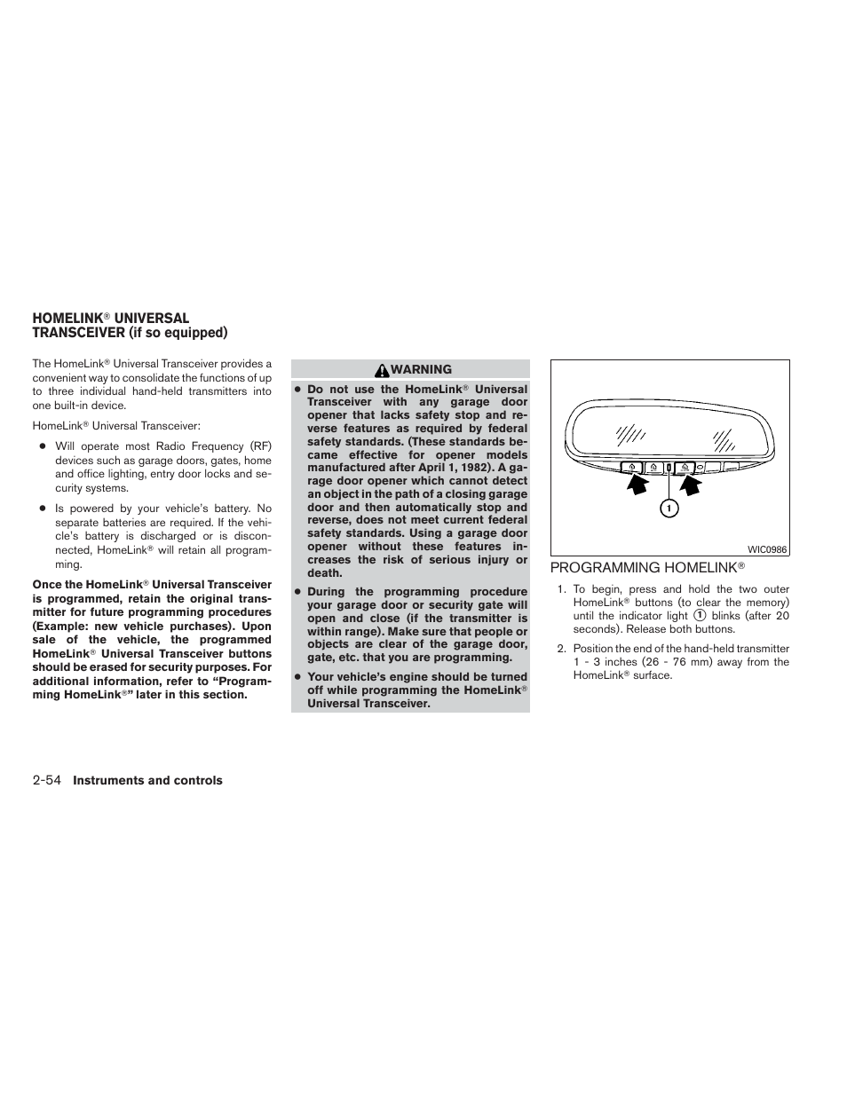 Homelink, Universal transceiver (if so equipped) -54, Programming homelink | NISSAN 2012 Maxima - Owner's Manual User Manual | Page 125 / 450