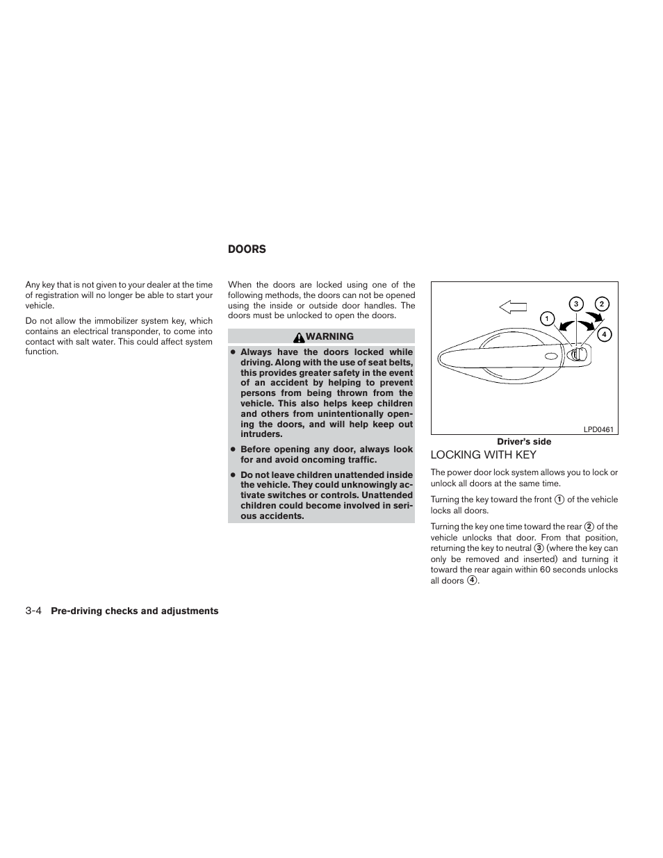Doors -4, Locking with key -4 | NISSAN 2012 Maxima - Owner's Manual User Manual | Page 133 / 450