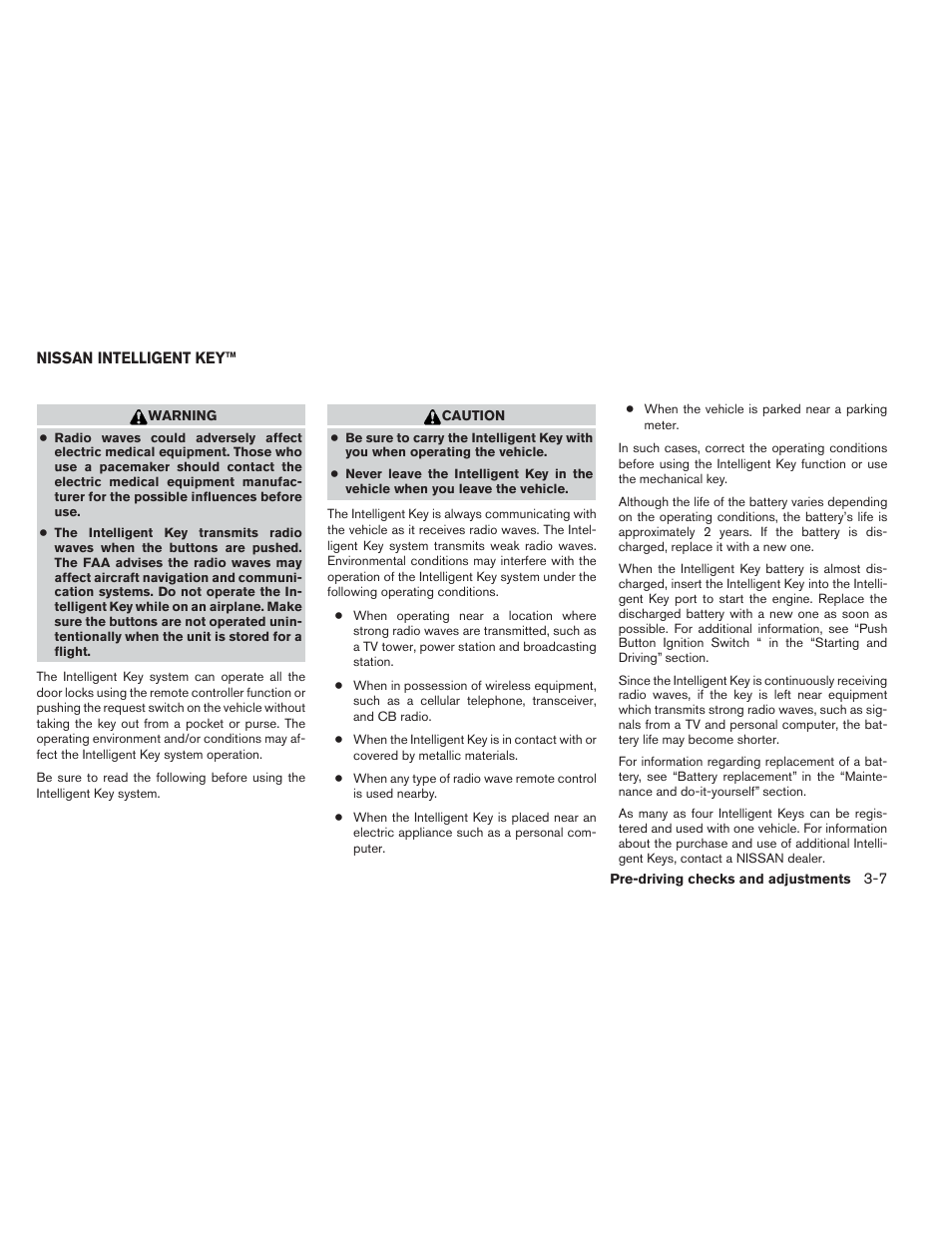 Nissan intelligent key™ -7 | NISSAN 2012 Maxima - Owner's Manual User Manual | Page 136 / 450