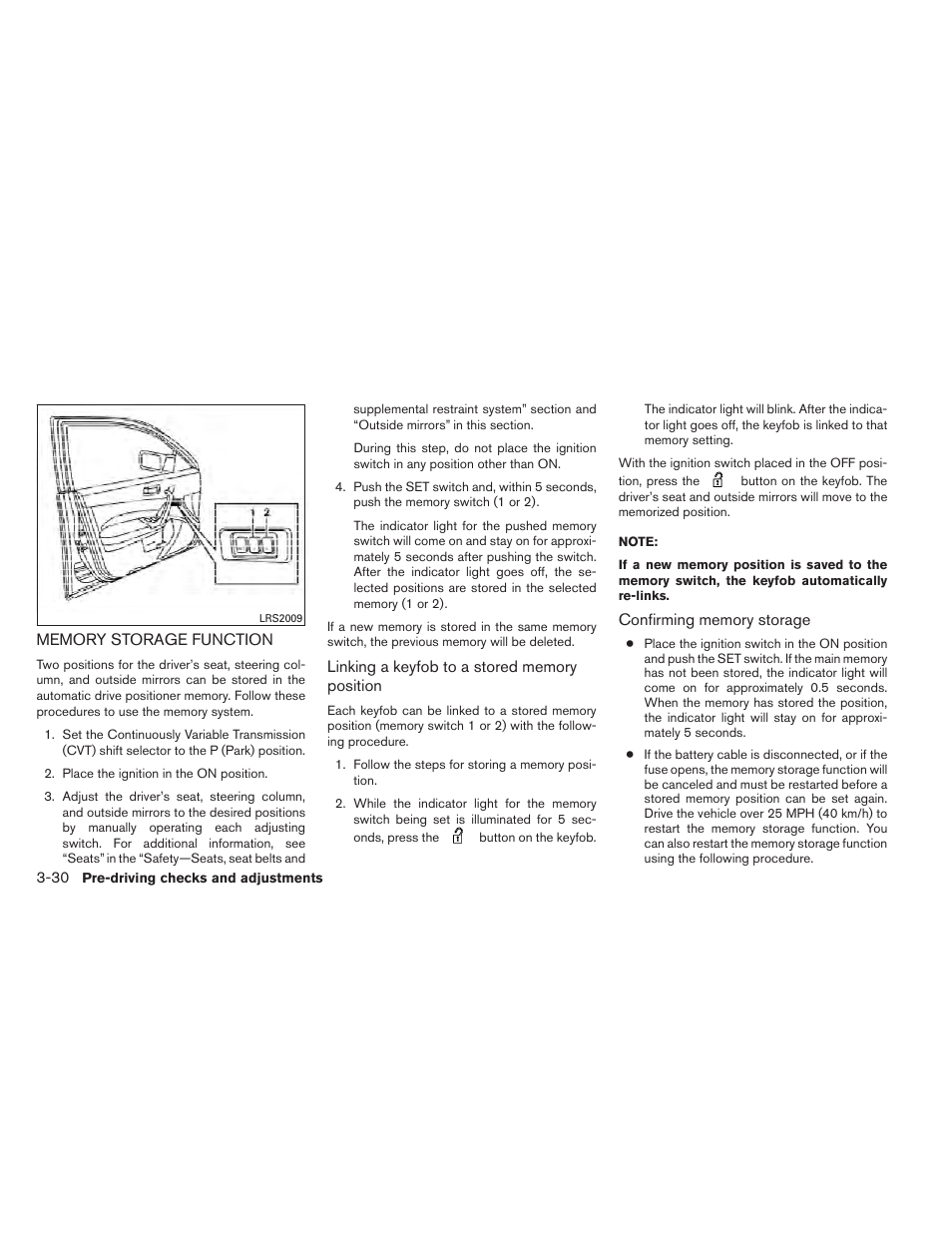 Memory storage function -30 | NISSAN 2012 Maxima - Owner's Manual User Manual | Page 159 / 450