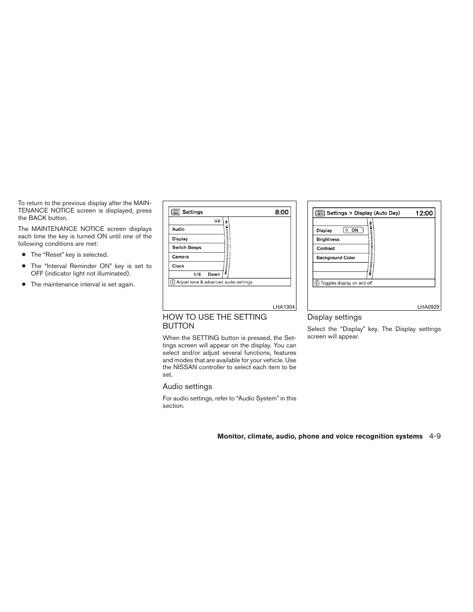 How to use the setting button -9 | NISSAN 2012 Maxima - Owner's Manual User Manual | Page 170 / 450