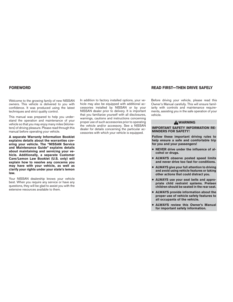 NISSAN 2012 Maxima - Owner's Manual User Manual | Page 2 / 450