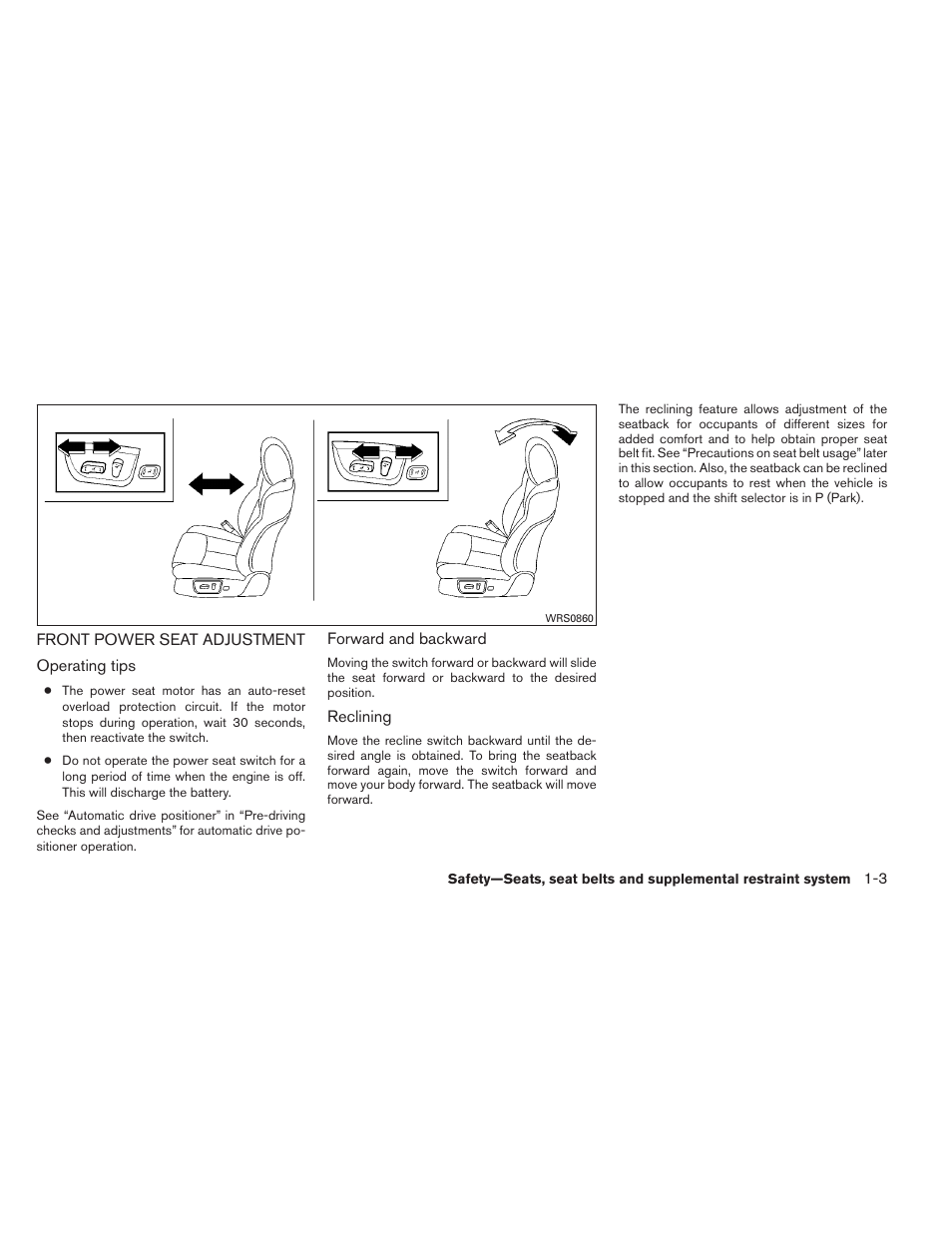 Front power seat adjustment -3 | NISSAN 2012 Maxima - Owner's Manual User Manual | Page 20 / 450