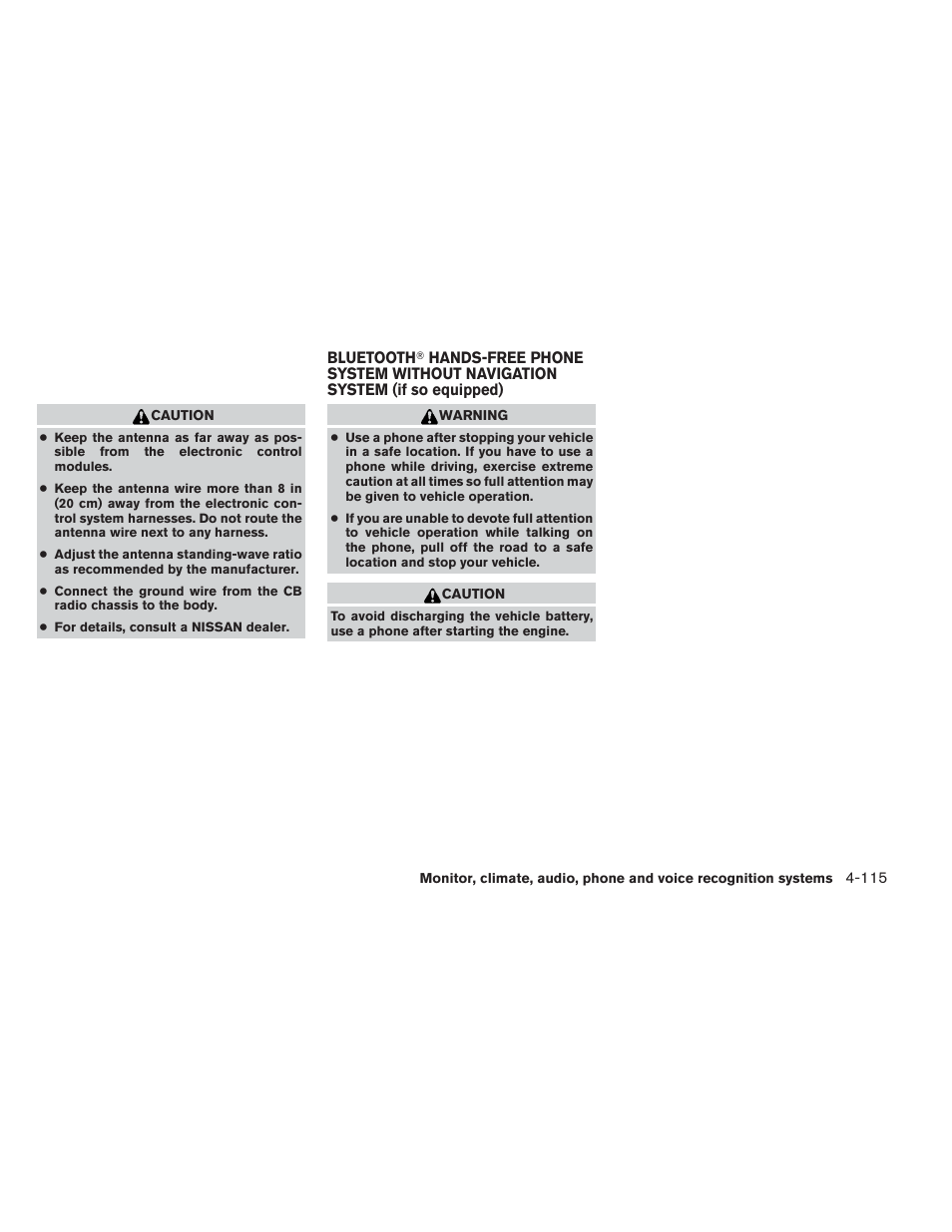 Bluetooth, Hands-free phone system without, Navigation system (if so equipped) -115 | NISSAN 2012 Maxima - Owner's Manual User Manual | Page 276 / 450