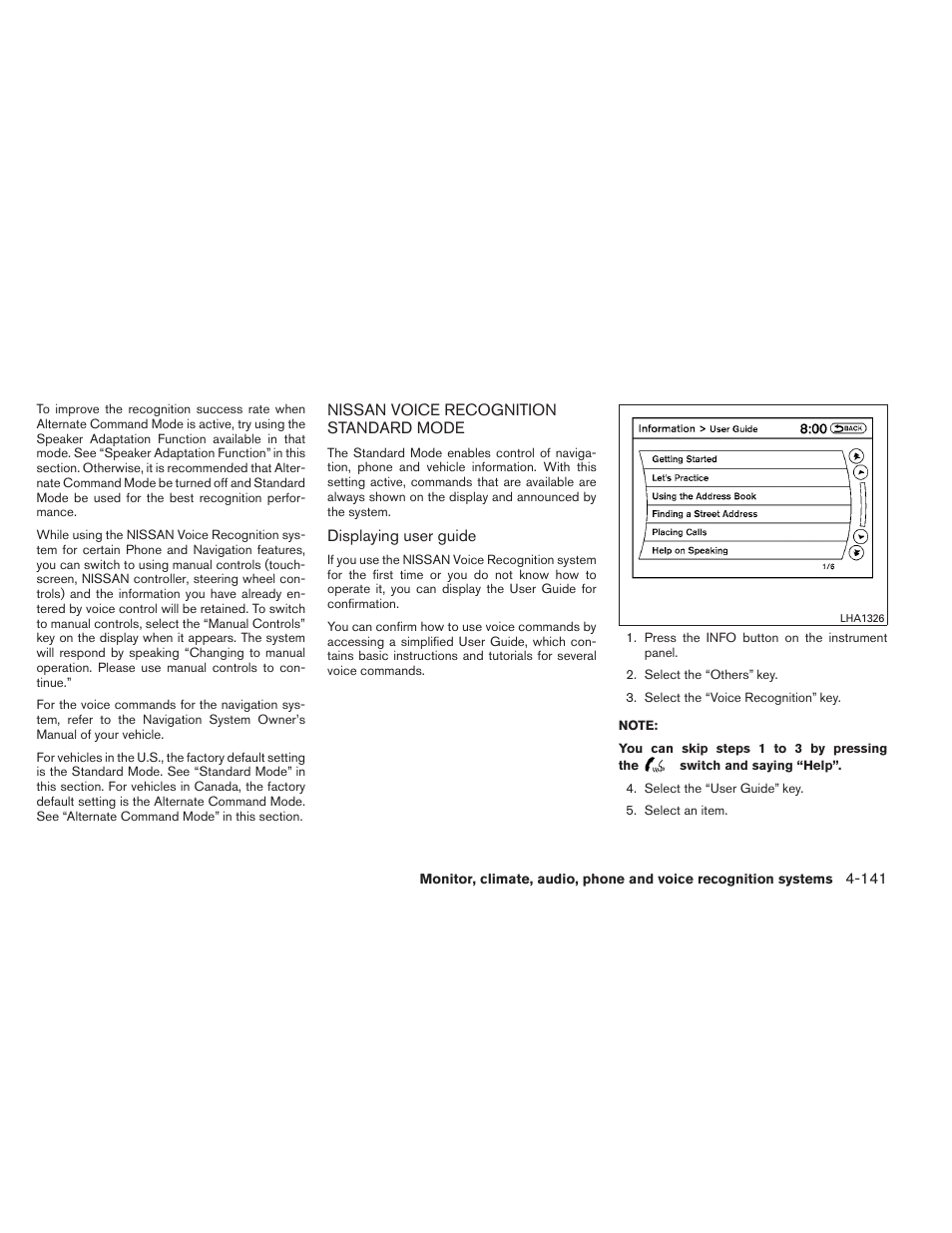 Nissan voice recognition standard mode -141 | NISSAN 2012 Maxima - Owner's Manual User Manual | Page 302 / 450