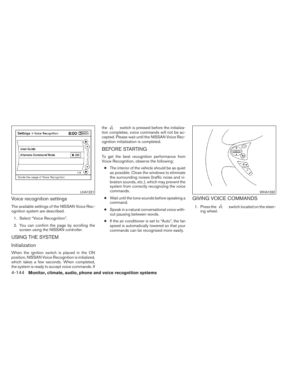 Using the system -144 before starting -144, Giving voice commands -144 | NISSAN 2012 Maxima - Owner's Manual User Manual | Page 305 / 450