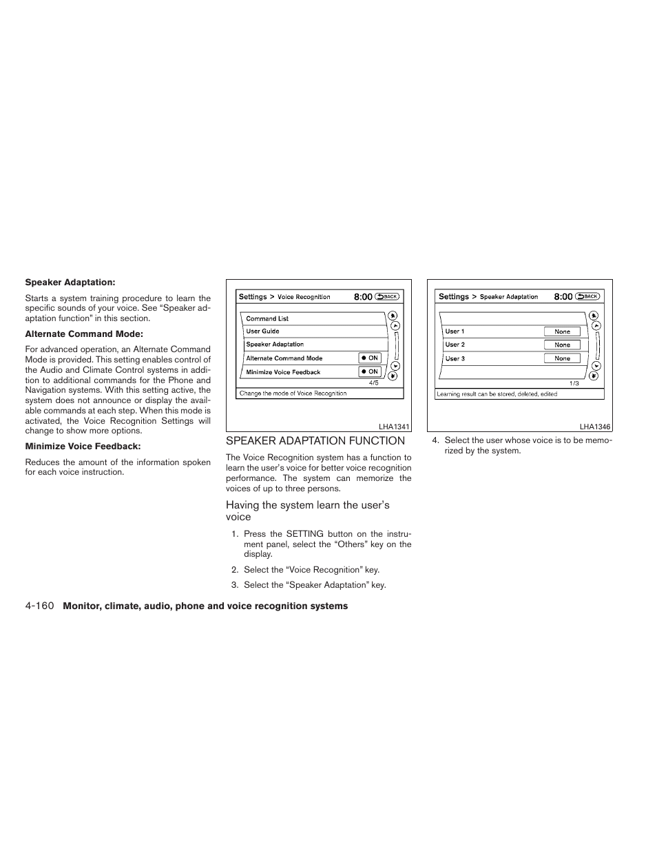 Speaker adaptation function -160 | NISSAN 2012 Maxima - Owner's Manual User Manual | Page 321 / 450