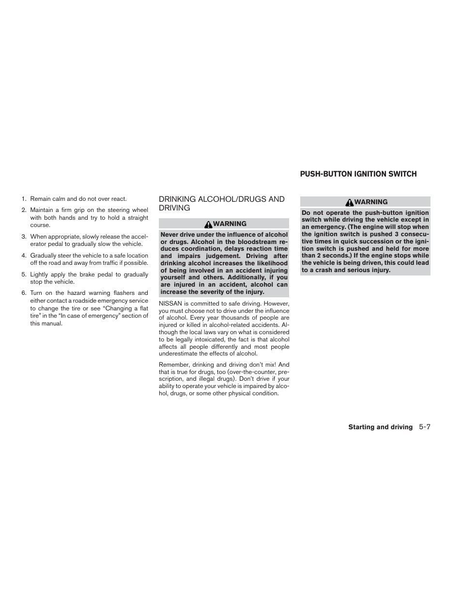 Drinking alcohol/drugs and driving -7, Push-button ignition switch -7 | NISSAN 2012 Maxima - Owner's Manual User Manual | Page 330 / 450