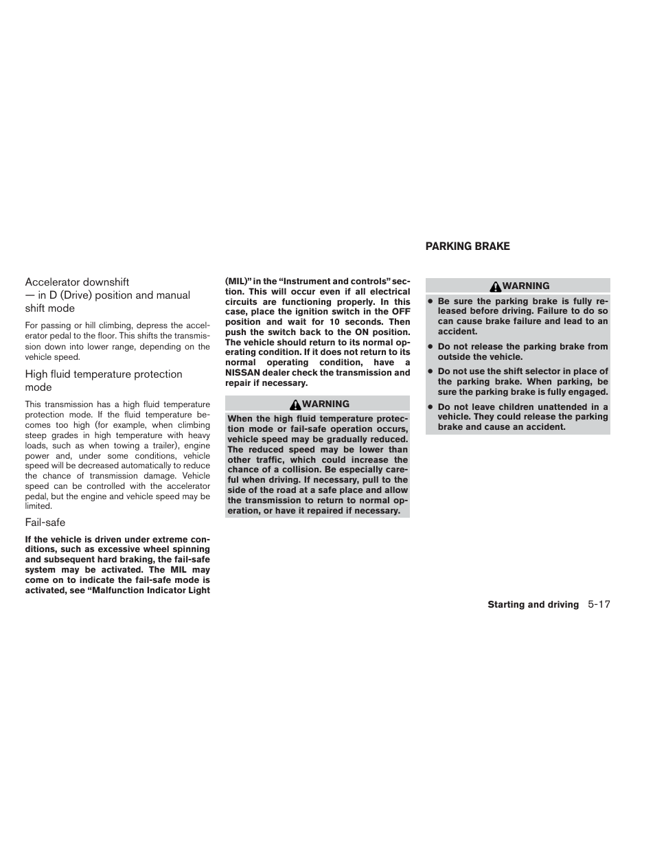 Parking brake -17 | NISSAN 2012 Maxima - Owner's Manual User Manual | Page 340 / 450