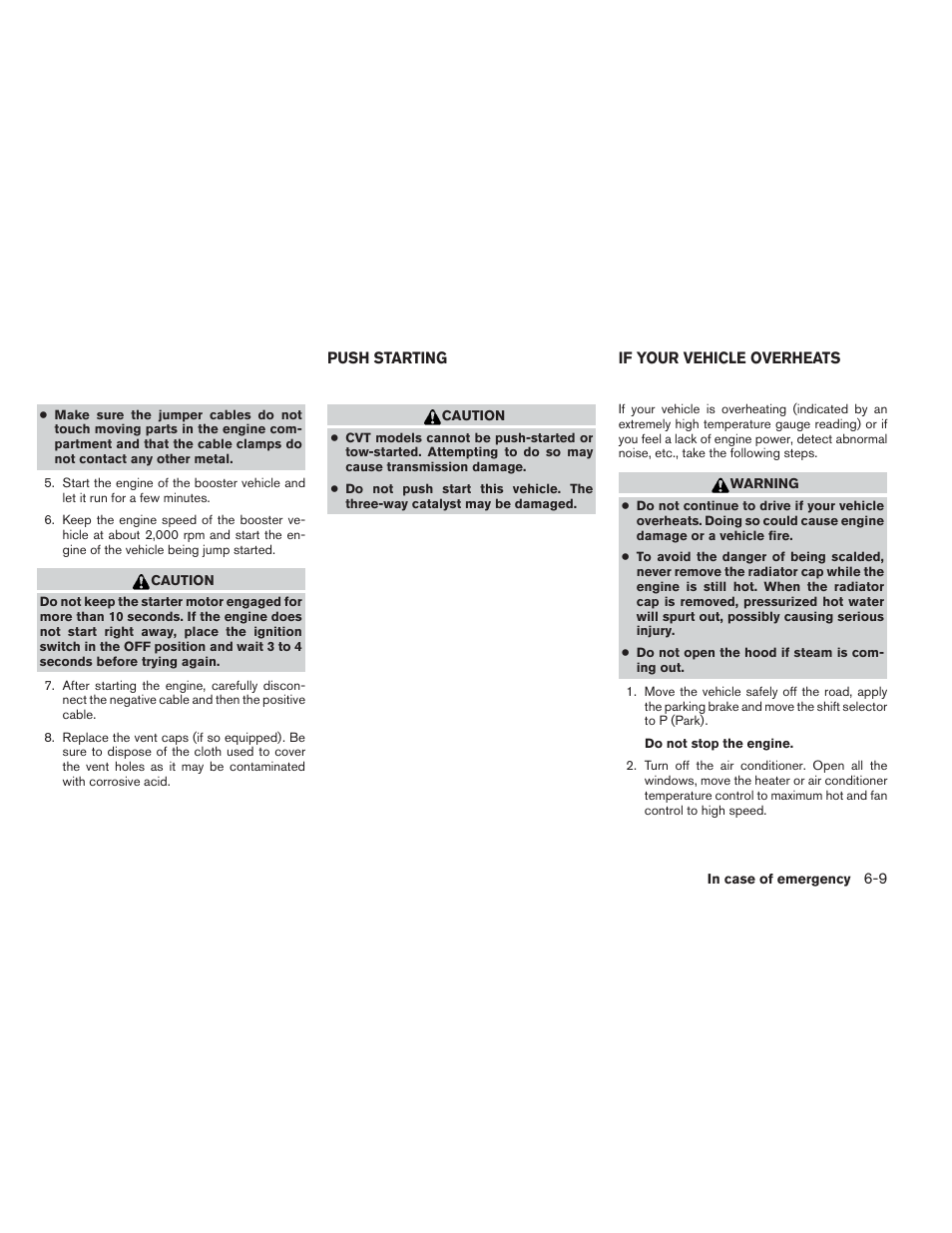 Push starting -9 if your vehicle overheats -9 | NISSAN 2012 Maxima - Owner's Manual User Manual | Page 360 / 450