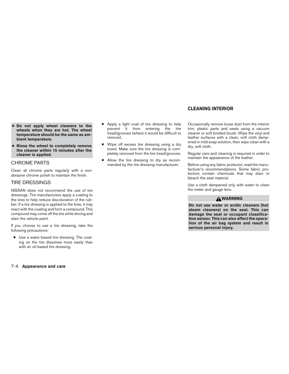 Chrome parts -4 tire dressings -4, Cleaning interior -4 | NISSAN 2012 Maxima - Owner's Manual User Manual | Page 369 / 450