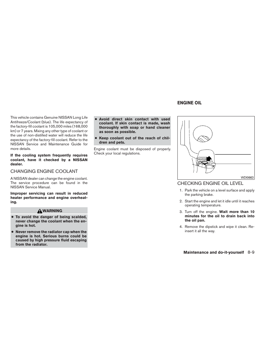 Changing engine coolant -9, Engine oil -9, Checking engine oil level -9 | NISSAN 2012 Maxima - Owner's Manual User Manual | Page 382 / 450