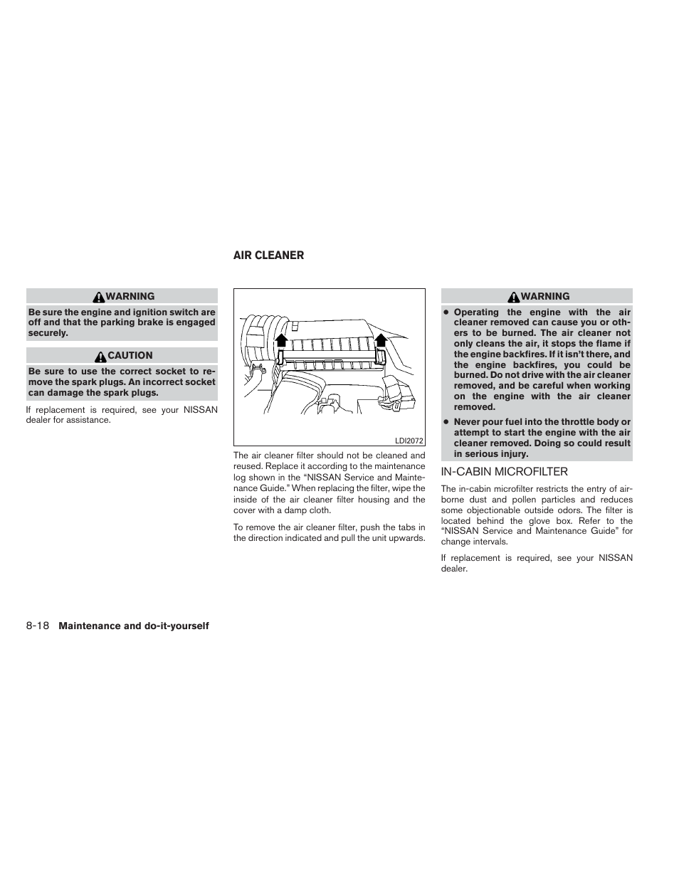 Air cleaner -18, In-cabin microfilter -18 | NISSAN 2012 Maxima - Owner's Manual User Manual | Page 391 / 450