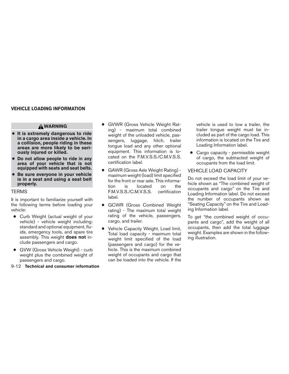 Vehicle loading information -12, Terms -12 vehicle load capacity -12 | NISSAN 2012 Maxima - Owner's Manual User Manual | Page 427 / 450