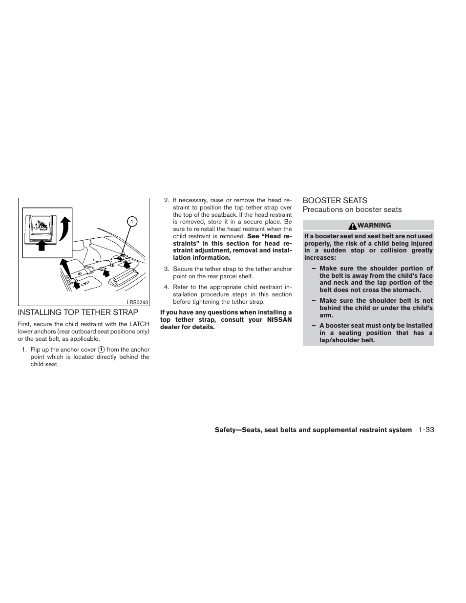 Installing top tether strap -33 booster seats -33 | NISSAN 2012 Maxima - Owner's Manual User Manual | Page 50 / 450