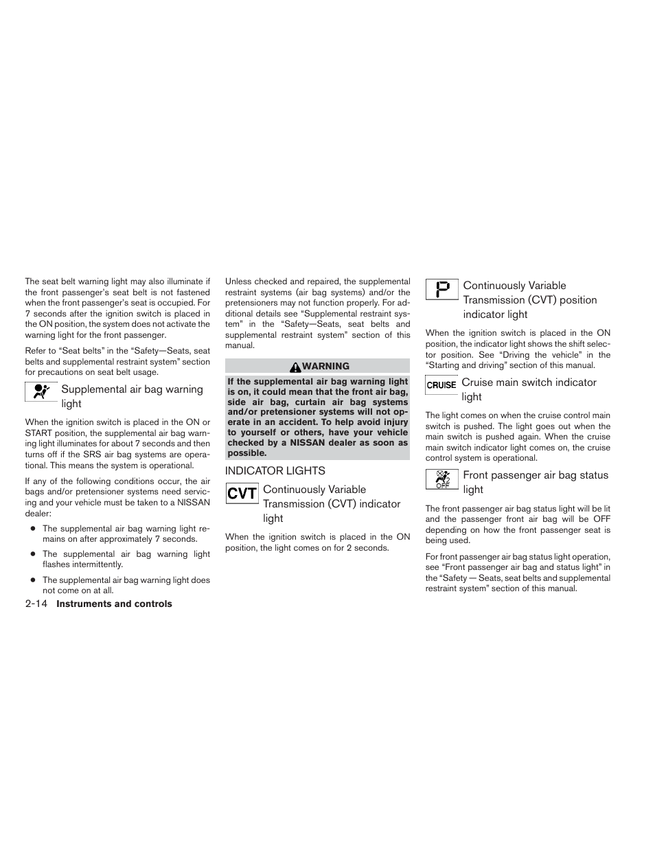 Indicator lights -14 | NISSAN 2012 Maxima - Owner's Manual User Manual | Page 85 / 450