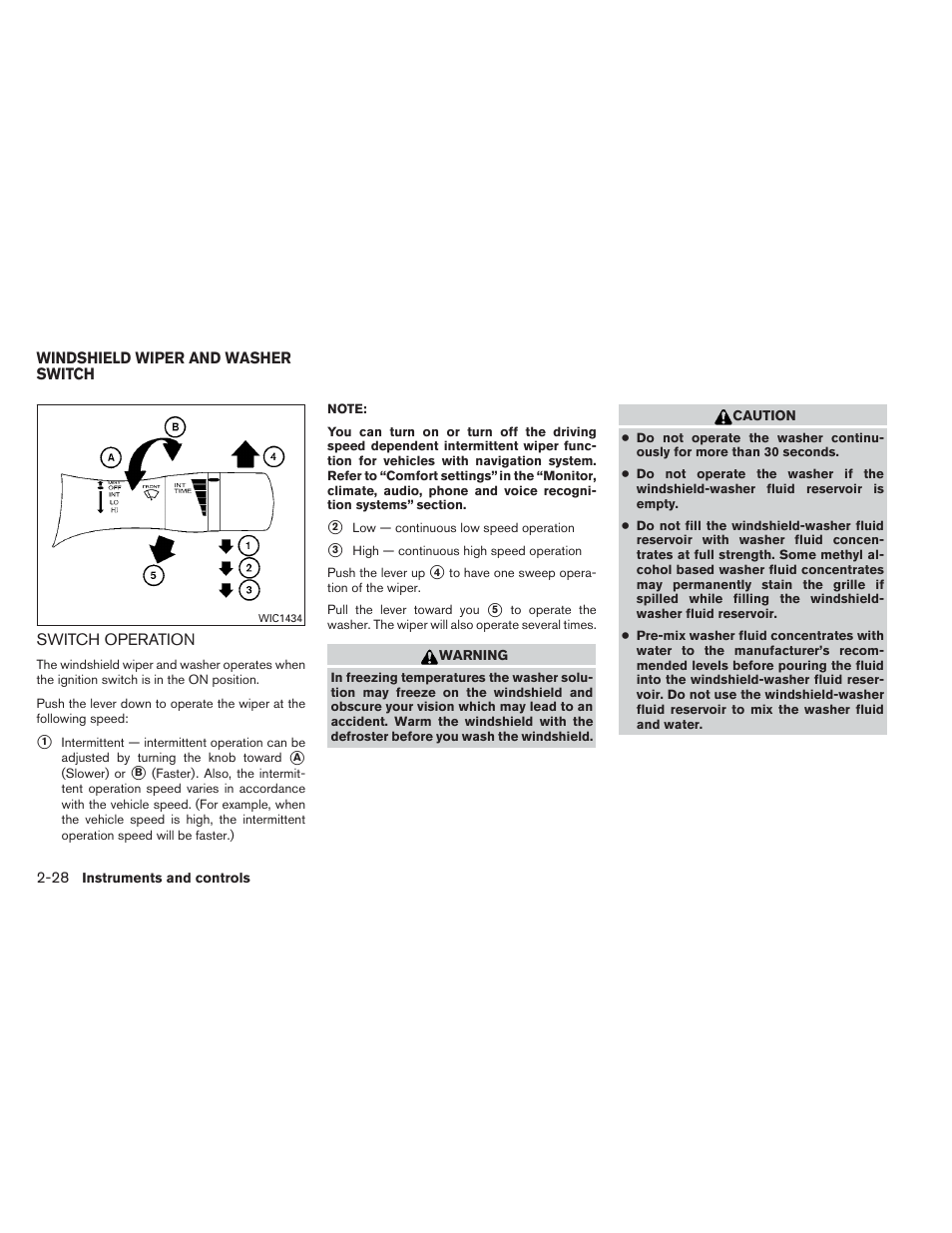 Windshield wiper and washer switch -28, Switch operation -28 | NISSAN 2012 Maxima - Owner's Manual User Manual | Page 99 / 450