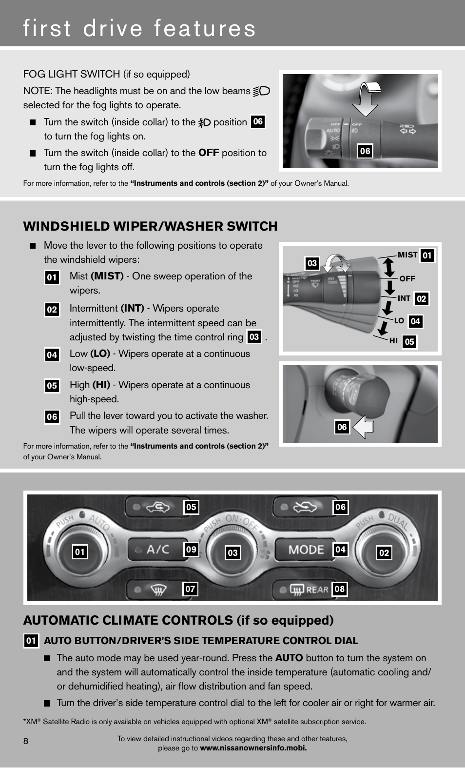 First drive features, Windshield wiper/washer switch, Automatic climate controls (if so equipped) | NISSAN 2012 Maxima - Quick Reference Guide User Manual | Page 10 / 20