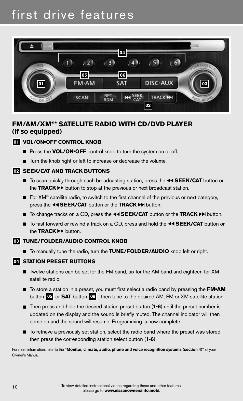 First drive features, Fm/am/xm | NISSAN 2012 Maxima - Quick Reference Guide User Manual | Page 12 / 20