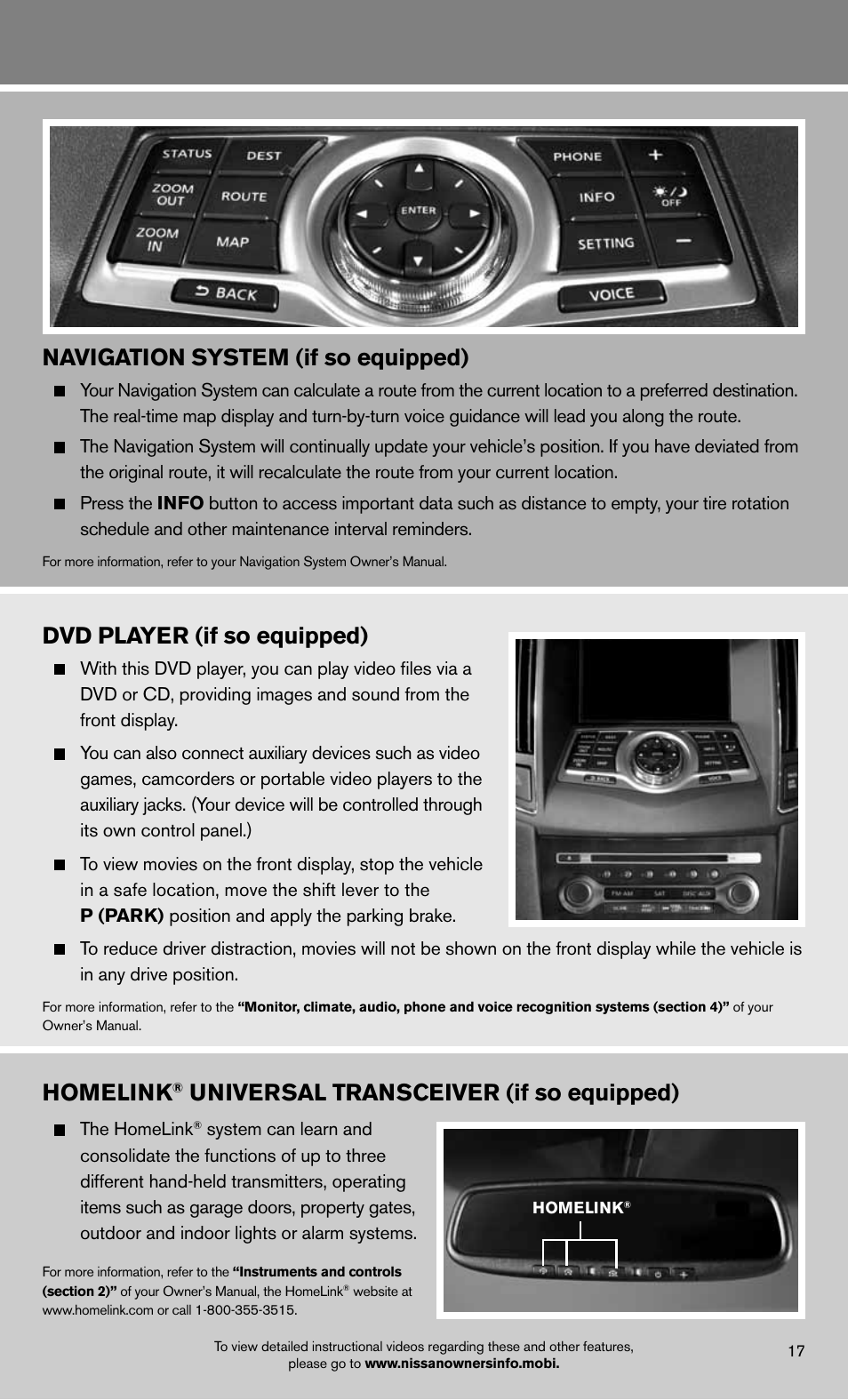 Navigation system (if so equipped), Homelink, Universal transceiver (if so equipped) | Dvd player (if so equipped) | NISSAN 2012 Maxima - Quick Reference Guide User Manual | Page 19 / 20