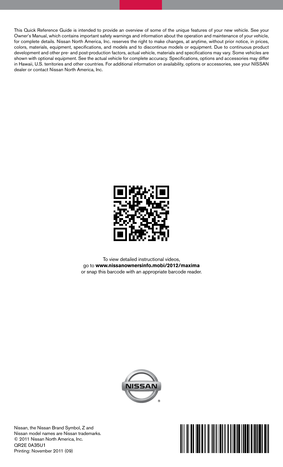 NISSAN 2012 Maxima - Quick Reference Guide User Manual | Page 20 / 20