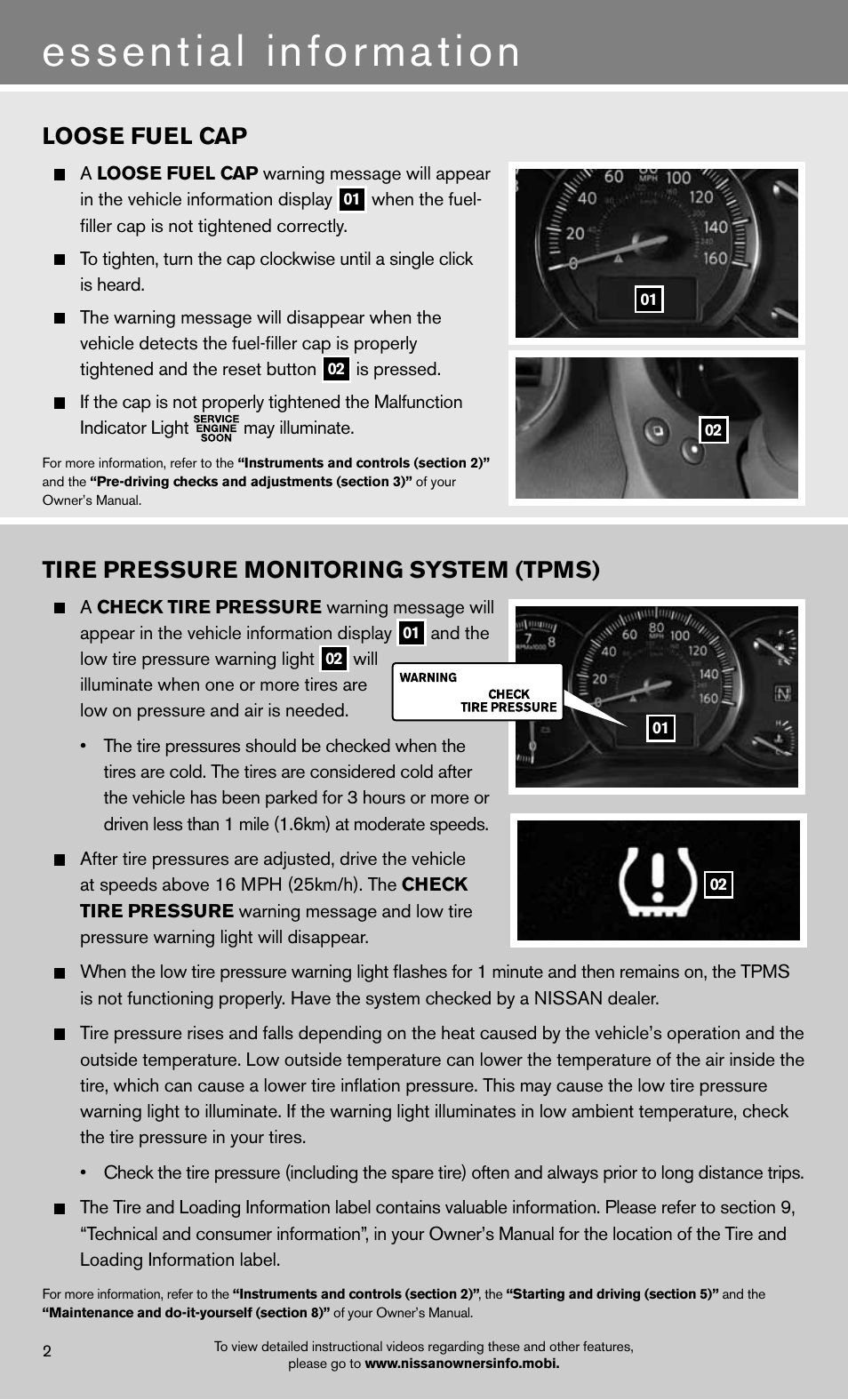 Essential information, Tire pressure monitoring system (tpms), Loose fuel cap | NISSAN 2012 Maxima - Quick Reference Guide User Manual | Page 4 / 20