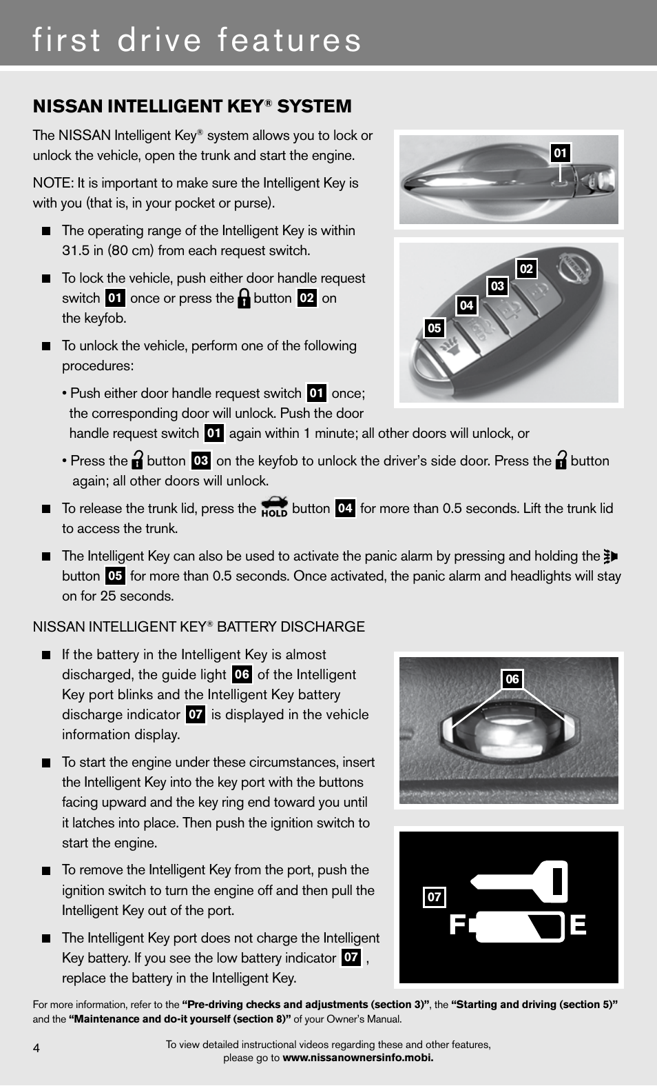 First drive features, Nissan intelligent key, System | NISSAN 2012 Maxima - Quick Reference Guide User Manual | Page 6 / 20