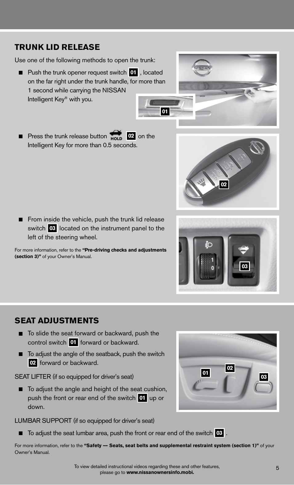 Seat adjustments, Trunk lid release | NISSAN 2012 Maxima - Quick Reference Guide User Manual | Page 7 / 20
