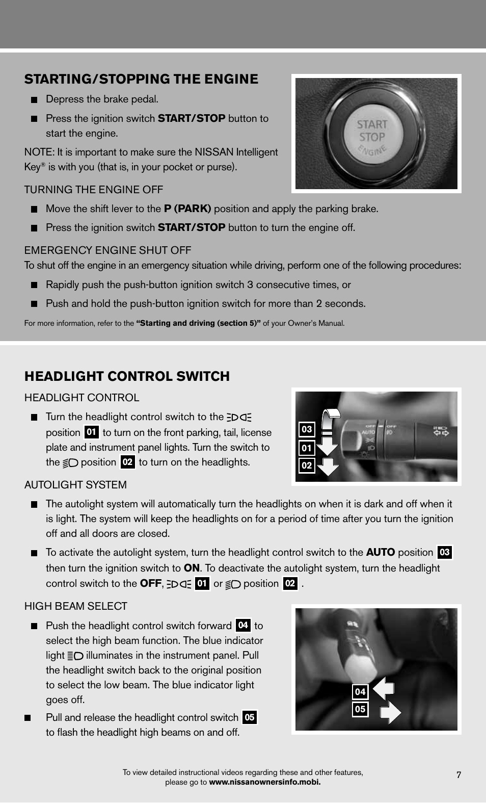 Starting/stopping the engine, Headlight control switch | NISSAN 2012 Maxima - Quick Reference Guide User Manual | Page 9 / 20