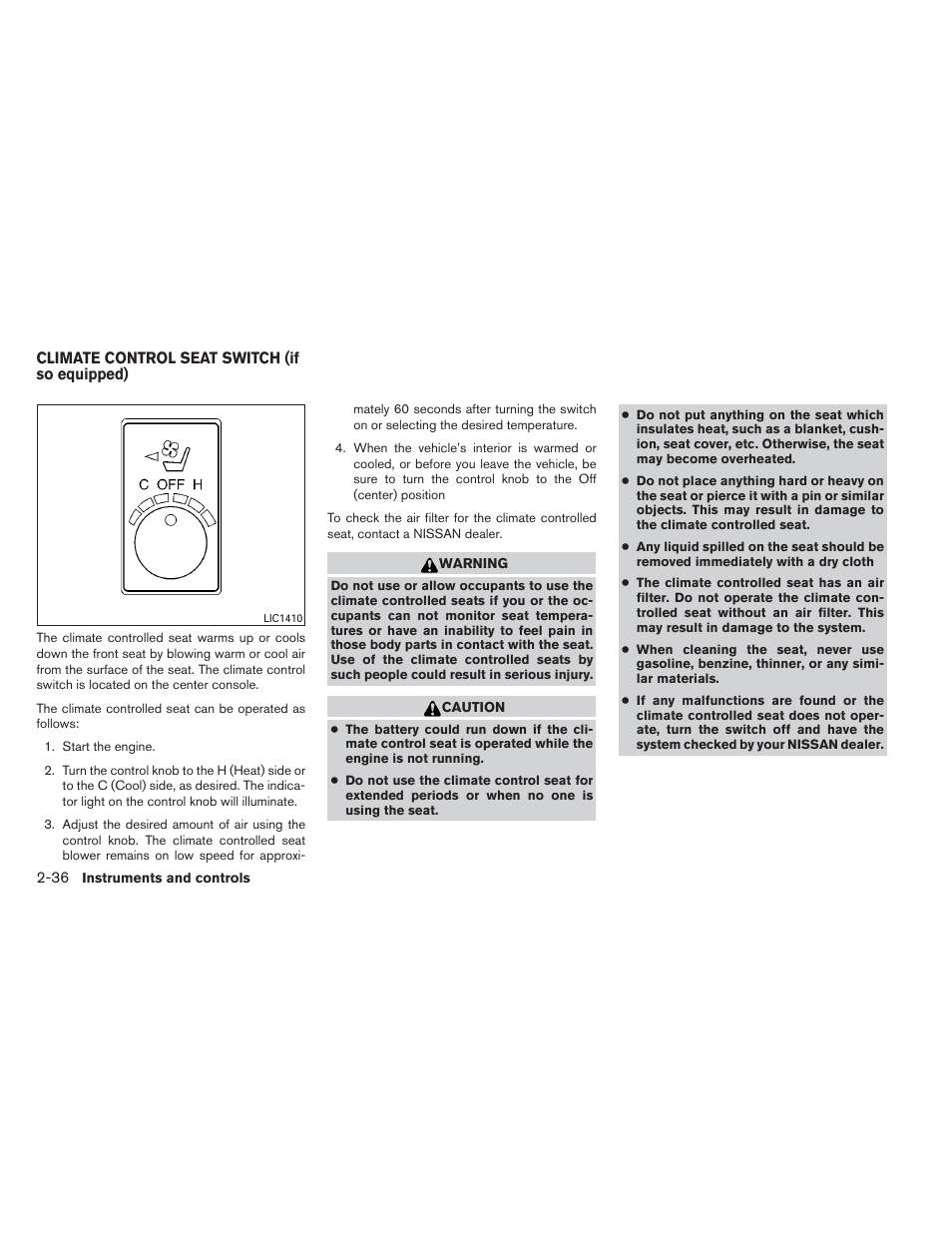 Climate control seat switch (if so equipped) -36 | NISSAN 2013 Maxima - Owner's Manual User Manual | Page 107 / 444