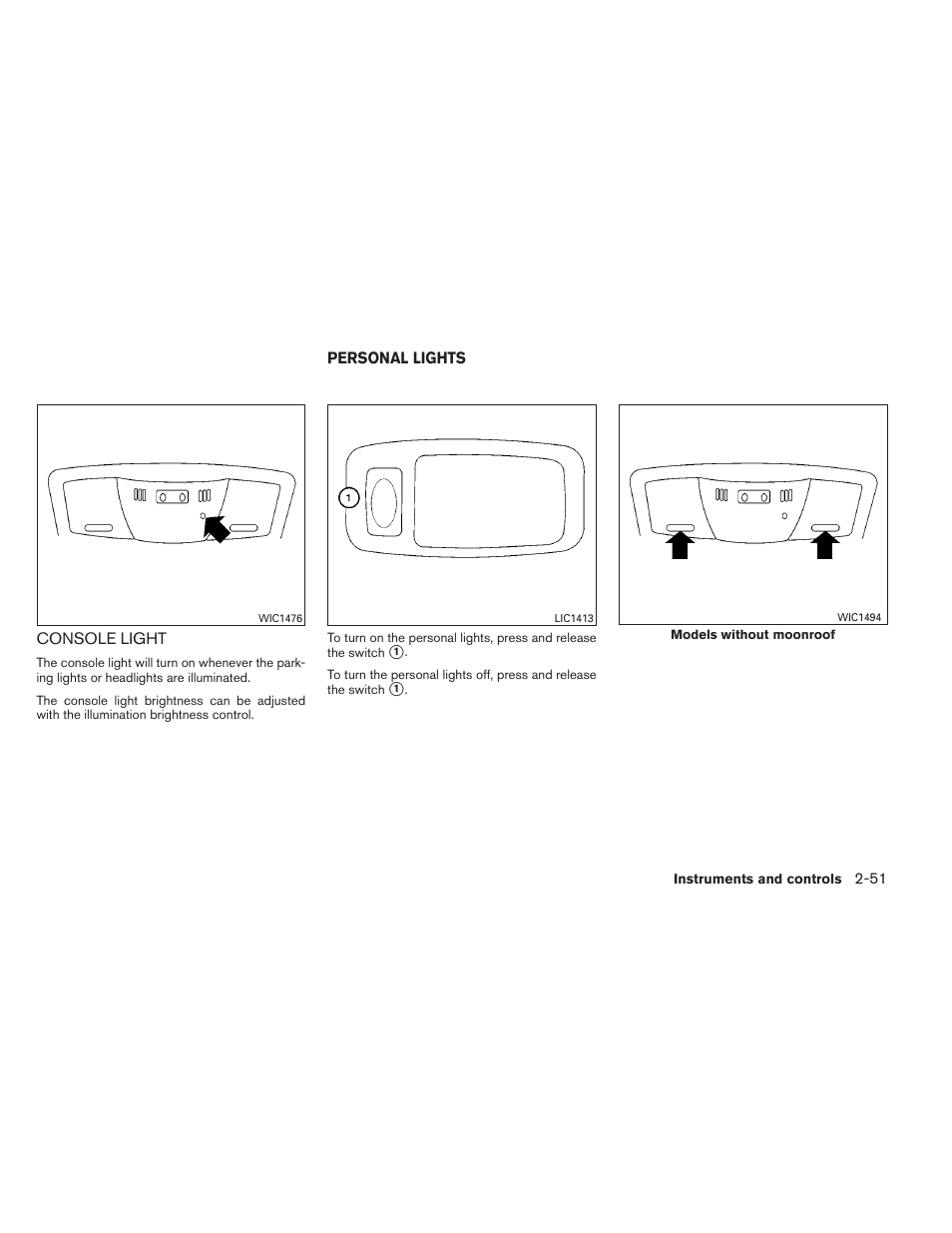 Console light -51, Personal lights -51 | NISSAN 2013 Maxima - Owner's Manual User Manual | Page 122 / 444