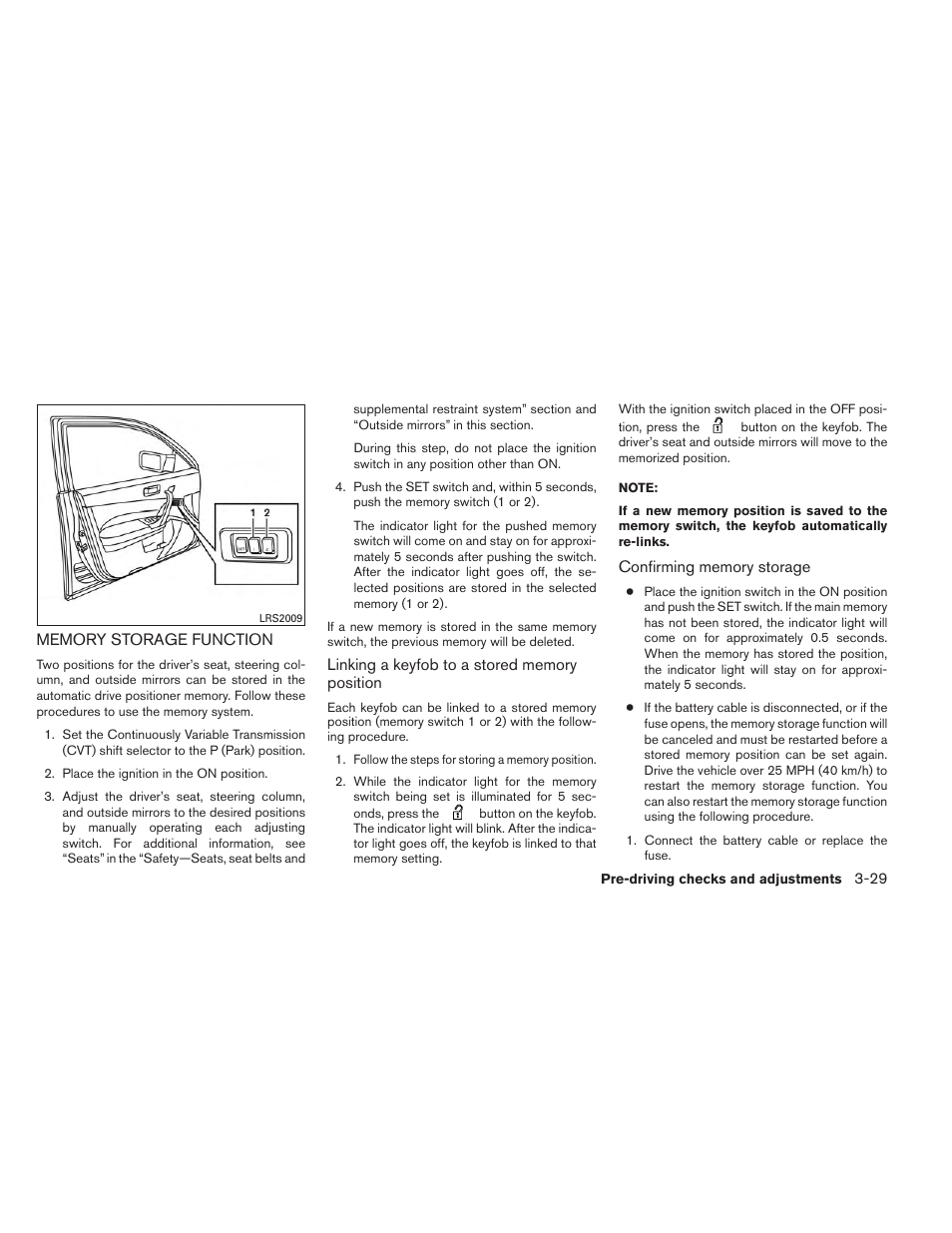 Memory storage function -29 | NISSAN 2013 Maxima - Owner's Manual User Manual | Page 158 / 444