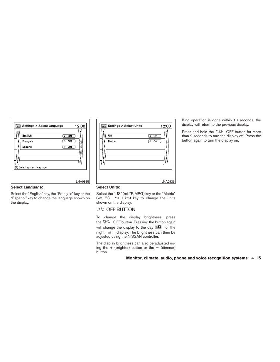 Off button -15 | NISSAN 2013 Maxima - Owner's Manual User Manual | Page 174 / 444
