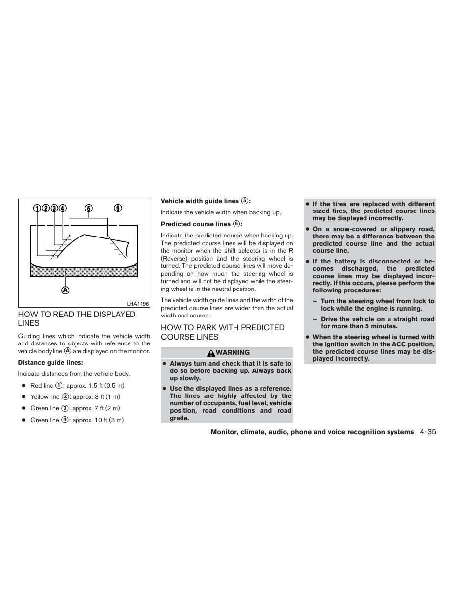 How to read the displayed lines -35, How to park with predicted course lines -35 | NISSAN 2013 Maxima - Owner's Manual User Manual | Page 194 / 444