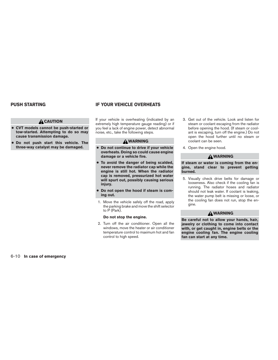 Push starting -10 if your vehicle overheats -10 | NISSAN 2013 Maxima - Owner's Manual User Manual | Page 351 / 444