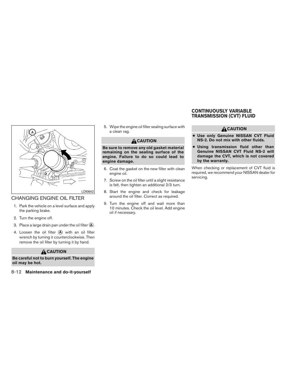 Changing engine oil filter -12, Continuously variable transmission (cvt) fluid -12 | NISSAN 2013 Maxima - Owner's Manual User Manual | Page 375 / 444