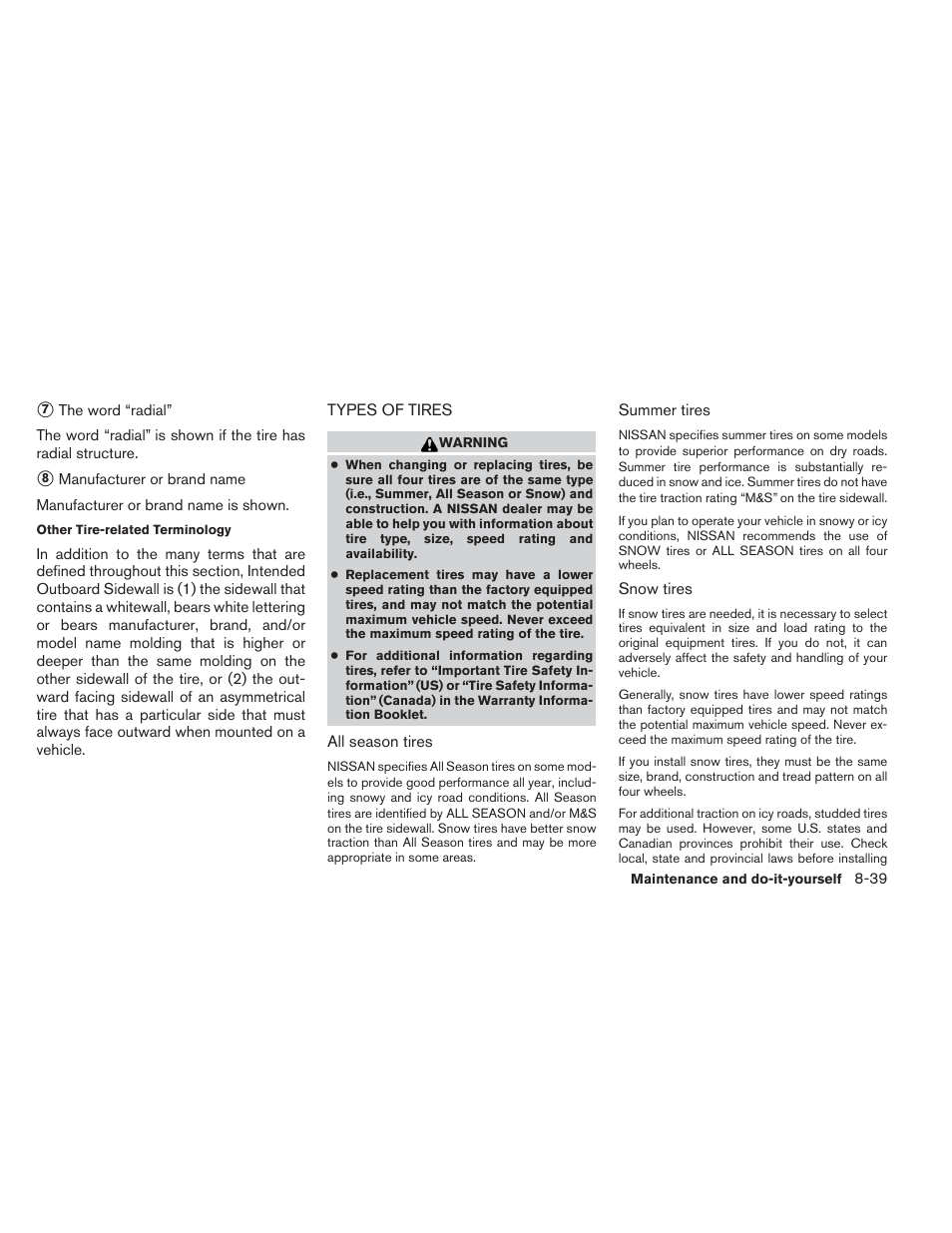 Types of tires -39 | NISSAN 2013 Maxima - Owner's Manual User Manual | Page 402 / 444