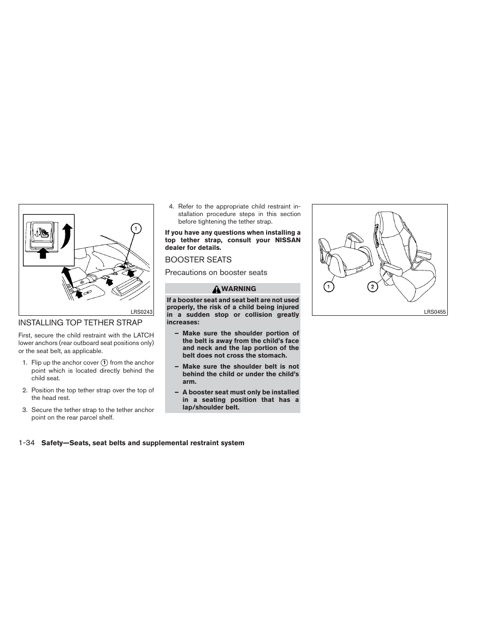 Installing top tether strap -34 booster seats -34 | NISSAN 2013 Maxima - Owner's Manual User Manual | Page 51 / 444
