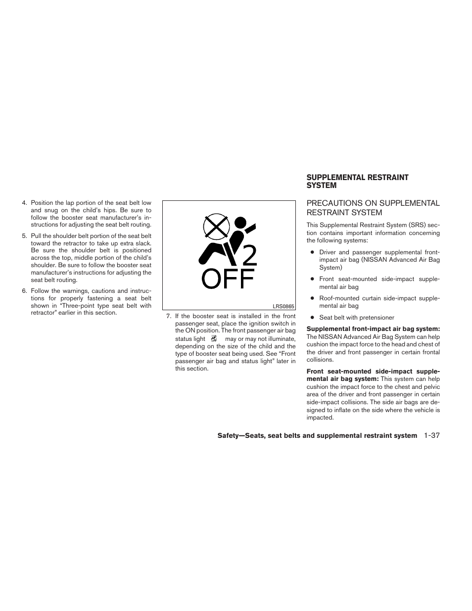 Supplemental restraint system -37, Precautions on supplemental restraint system -37 | NISSAN 2013 Maxima - Owner's Manual User Manual | Page 54 / 444