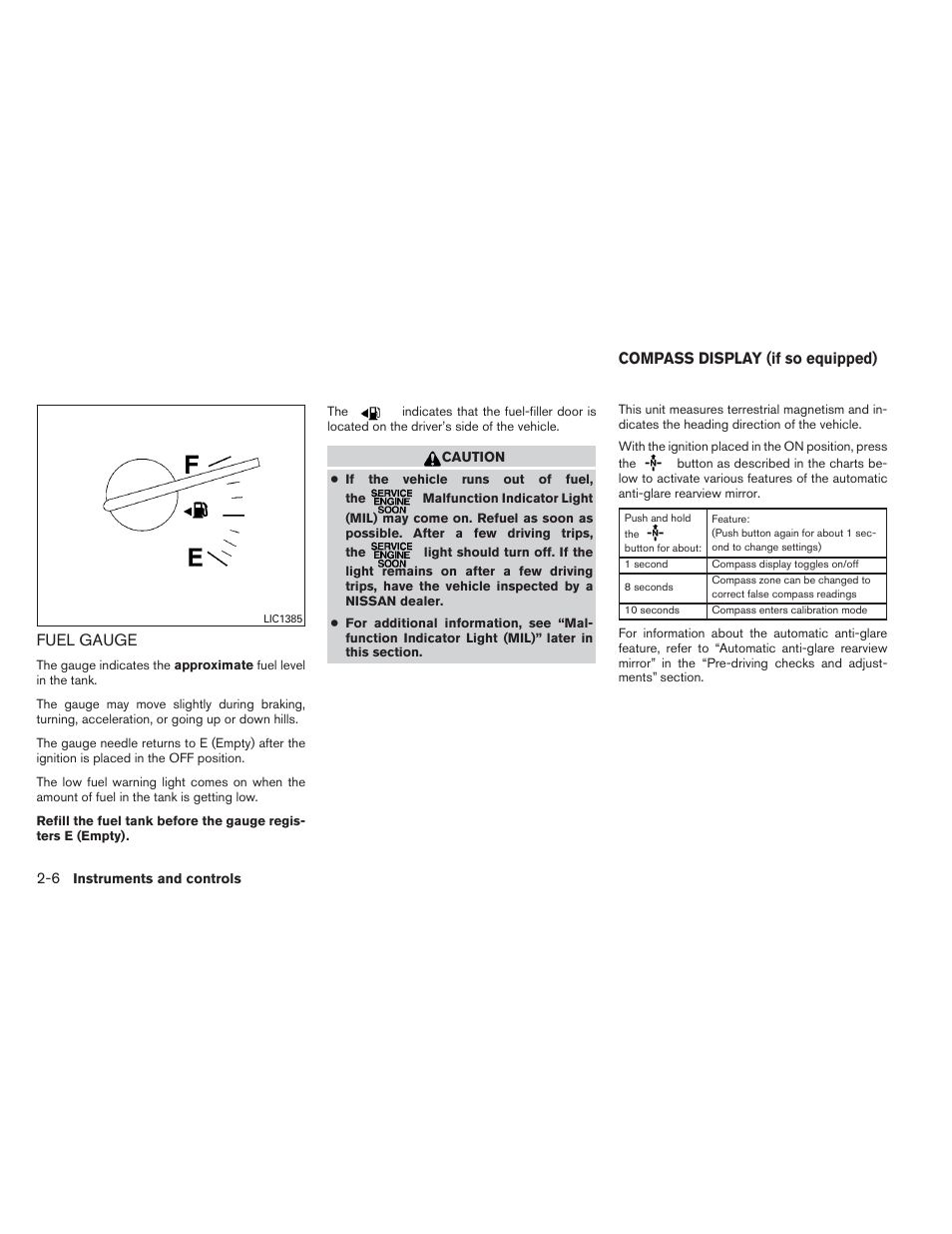 Fuel gauge -6, Compass display (if so equipped) -6, Fuel gauge | Compass display (if so equipped) | NISSAN 2013 Maxima - Owner's Manual User Manual | Page 77 / 444