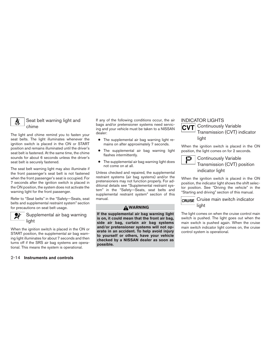Indicator lights -14 | NISSAN 2013 Maxima - Owner's Manual User Manual | Page 85 / 444