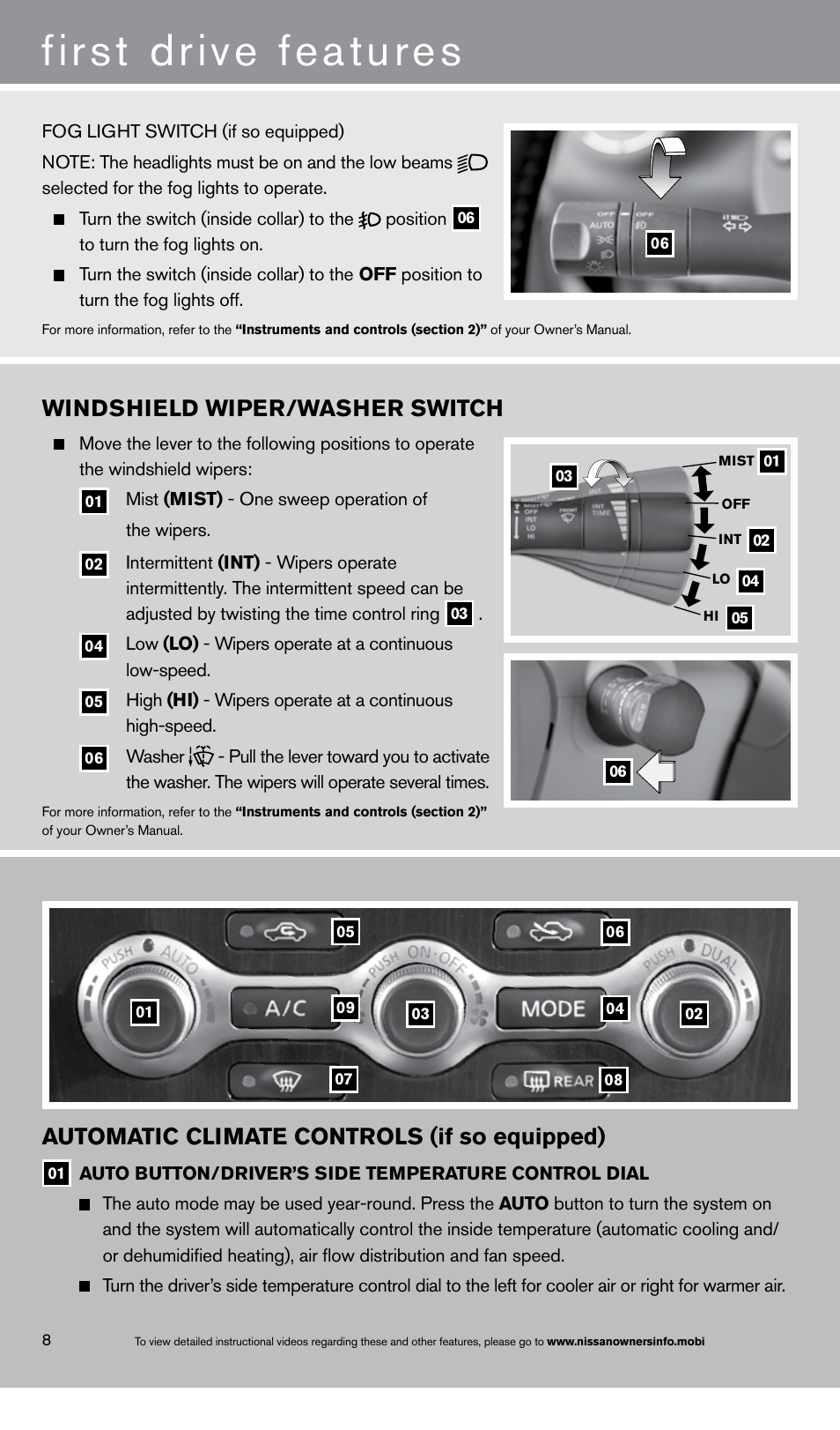 First drive features, Windshield wiper/washer switch, Automatic climate controls (if so equipped) | NISSAN 2013 Maxima - Quick Reference Guide User Manual | Page 10 / 24