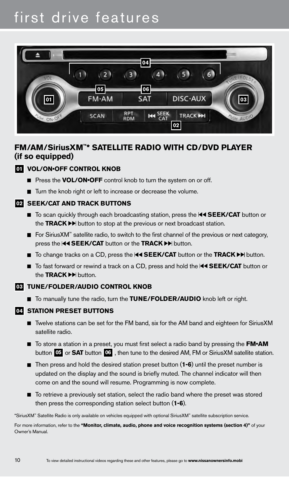 First drive features, Fm/am/siriusxm | NISSAN 2013 Maxima - Quick Reference Guide User Manual | Page 12 / 24